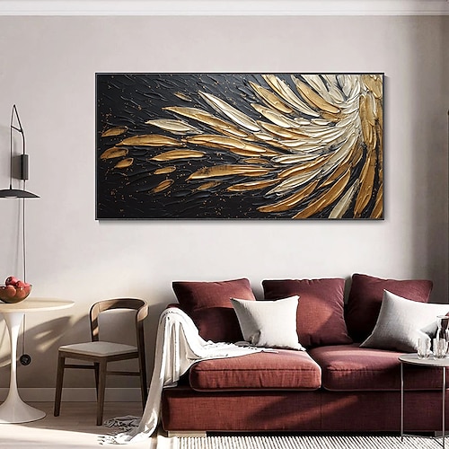 Handgemaltes abstraktes Federölgemälde auf Leinwand, handgemaltes modernes Wandgemälde in Gold und Schwarz für Wohnzimmer, Schlafzimmer, Wanddekoration, individuell strukturiertes Gemälde Image