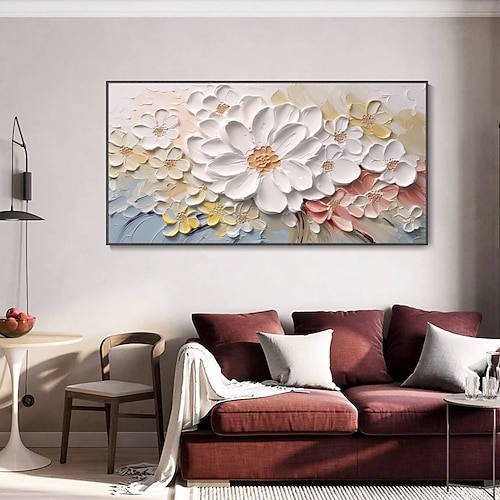 handgemaltes 3D-Ölgemälde mit Blumenmuster, Wandkunst, Wabi-Sabi-Kunstwerk, minimalistische Leinwand-Wanddekoration für Wohnzimmer, Blumen-Ölgemälde, Frühlingsdekor, Messermalerei Image