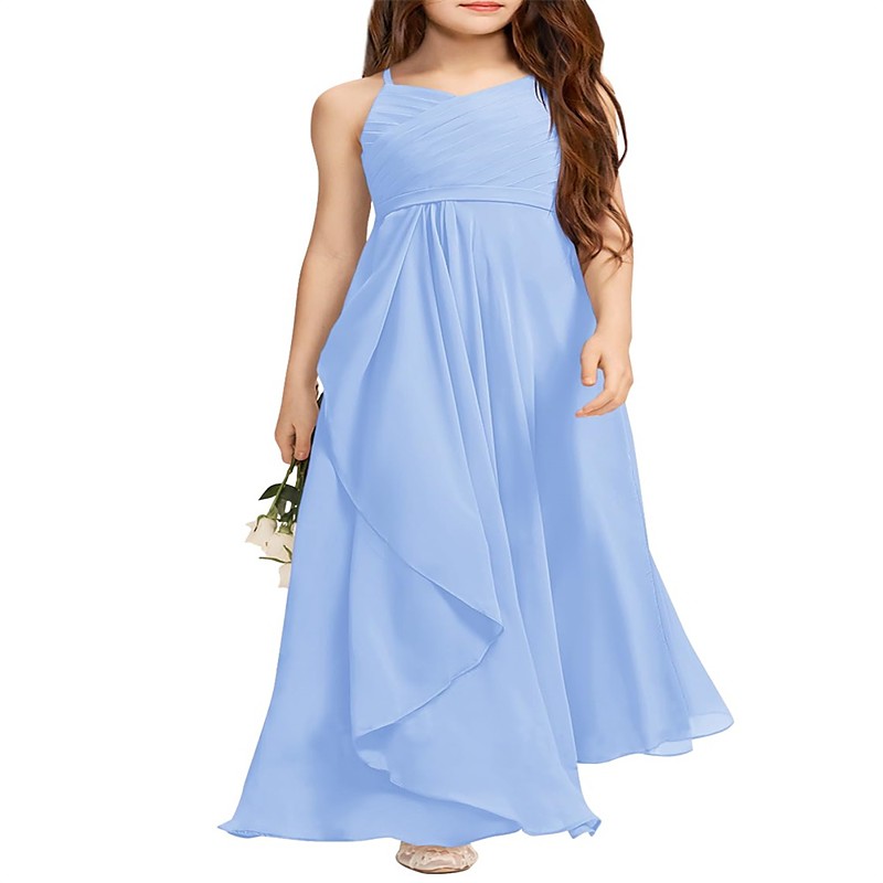 Girls A-Line Halter Dress Junior Bridesmaid Flower Girl Flowy Chiffon Maxi Dresses Wedding Party Pageant Gown