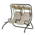 Patio Swing Chair with 2 Separate Seats Outdoor Swing Glider with Removable Canopy and Cup Holders Independent Swing Chairs for Garden Balcony Backyard Beige