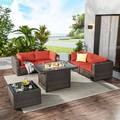 TANGJEAMER 6 Piece Patio Furniture Set with Fire Pit Table All Weather Outdoor Sectional PE Rattan Patio Conversation Sets with Cushions and Glass Coffee Table for Garden Lawn Balcony Red