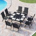 durable VILLA 7 PCs Outdoor Patio Dining Set 6 Adjustable Folding Reclining Sling Chair with Armrest & 1 Rectangle Patio Dining Table with 1.57 Umbrella Hole (Black)