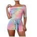 Susanny Plus Size Jumpsuit Summer Belt Strapless Off Shoulder Short Sleeve Sexy Romper for Women Clearance Shorts Tie Dye Bodysuit Fashion Comfy Maternity Womens Overalls with Pleats Pink L