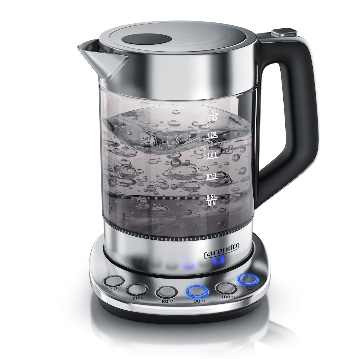 Arendo Wasserkocher 1,5 l, 2200 W, Edelstahl Glas, mit Basisstation & Temperatureinstellung 70°C - 100°C Image