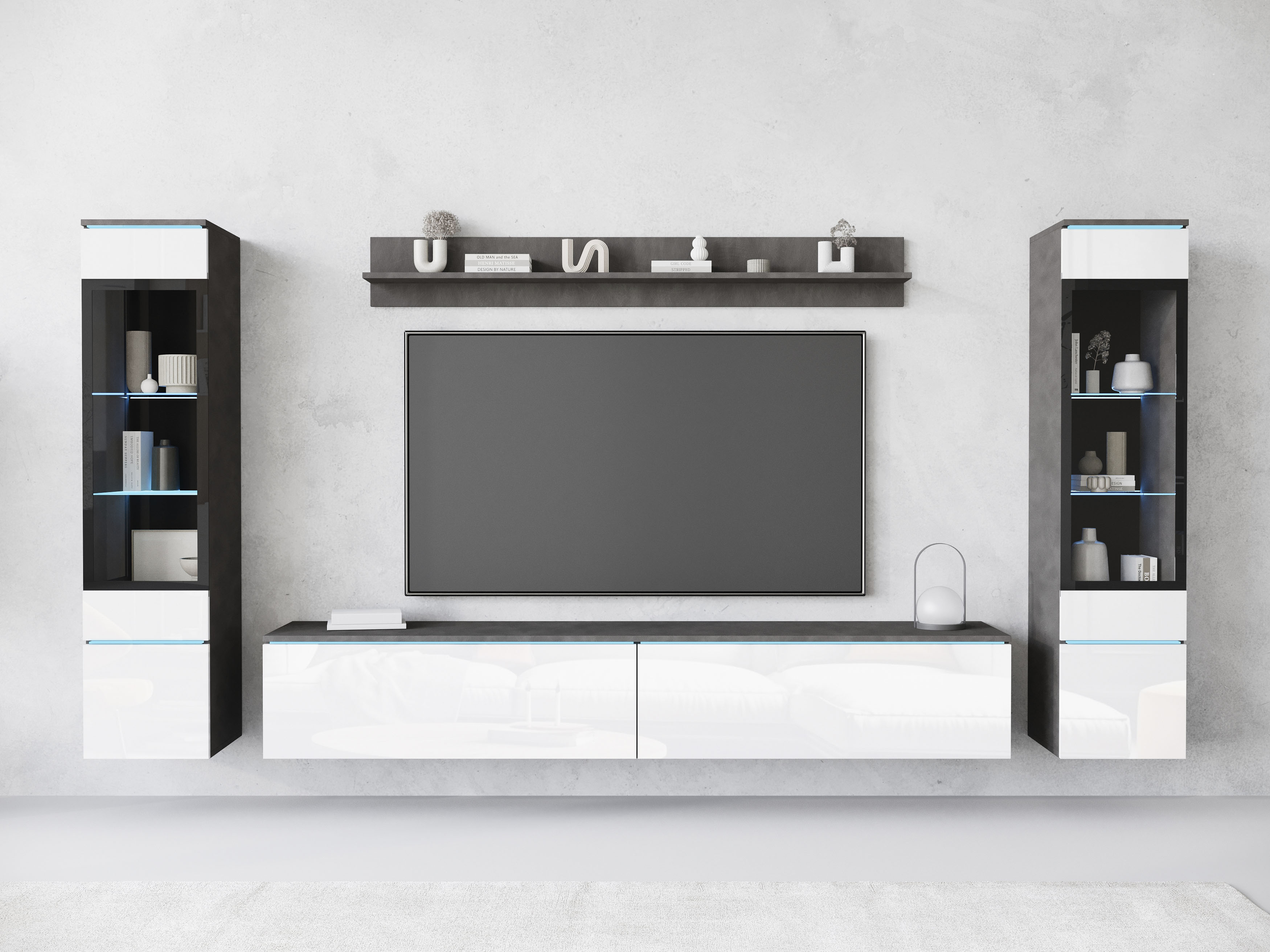 Wohnwand INOSIGN "VERA II", grau (mathera antrazit, weiß hochglanz), B:260cm H:130cm T:33cm, Kastenmöbel-Sets, Mediawand 260 cm, Vitrine mit Verglasung, stehend und hängend, Topseller