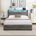 Noise Free Metal Bed Frame with 4 Drawers, Wooden Headboard, LED Lights, Charging Station, Easy Assembly,Antique Gray - Queen