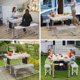 Camp Table Folding Camping Table Picnic Table Bench Set w/ 2 Benches, Table with Umbrella Hole for Adult for Kids (Off-White)