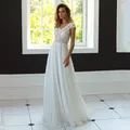 Robe de mariée blanche bohème à col en V manches courtes haut transparent mousseline de soie