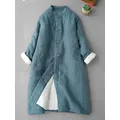 New Chinese Style Women's Long Cotton Coat Standing Collar Buckle Autumn Winter Mid Length Warm