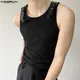 INCERUN Men Tank Tops Solid Color PU Leather Button Sleeveless Streetwear O-neck Vests 2024 Summer