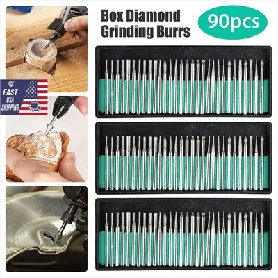 Diamond Burr Bits Drill Glass Gemstone Metal for Dremel Craftsman Rotary Tool - 1/8"(3mm) Shank w/Box Tip, 90 Pcs