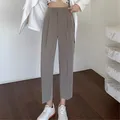 Women's Black High-Waisted Suit Pants 2024 New Spring Summer Solid Button Casual Loose Ankle-Length