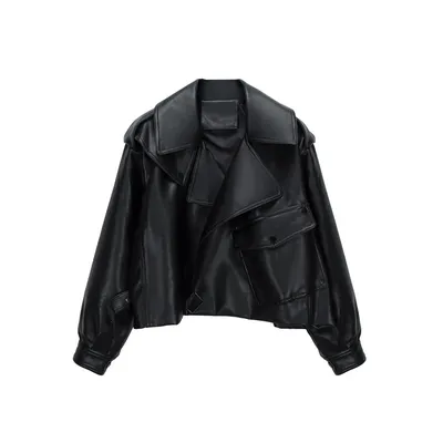 Ailegogo High Street Women Lapel Loose Pu Faux Leather Short Jacket Spring Autumn Female Big Pocket Belt Coat Moto Biker Outwear