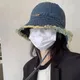 Chapeau en denim effiloché pour femme chapeau à bord pompon mode coréenne coton pliable plage