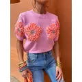 Pull Floral Épissé Chic pour Femme Col Rond Manches Courtes Élégant Streetwear Printemps 2024