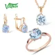 VISTOSO Jewelry Set For Woman Pure 14K 585 Rose Gold Sparkling Sky Blue Topaz Diamond Earrings Ring