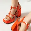 Helle Farbe Orange Gelb Dame Sommer Kleid Schuhe T-strap Offene spitze Block High Heels Sandalen Plattform Schuhe Mit besetzt Nieten