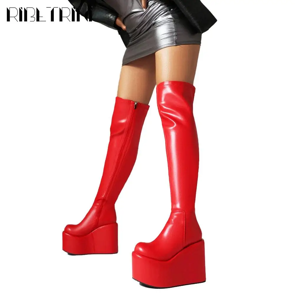 Sexy über dem Knie hohe Stiefel Frauen dicke Keile Reiß verschluss Plattform Schuhe Luxus elegant rosa schwarz stilvolle Winter Motorrad Stiefel