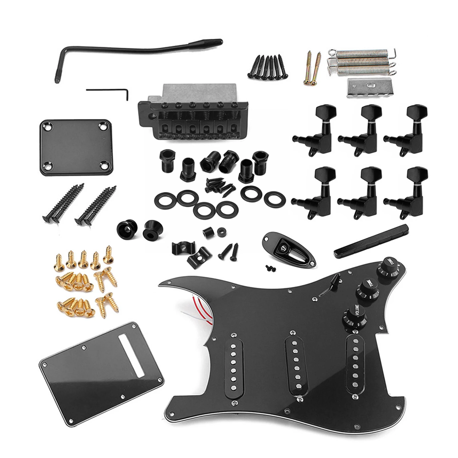 Komplettset für E-Gitarre im ST-Stil, DIY-Zubehörset inklusive vorverdrahteter Schlagbrettbrücke, SSS-Tonabnehmer und anderem Zubehör, Schwarz Image