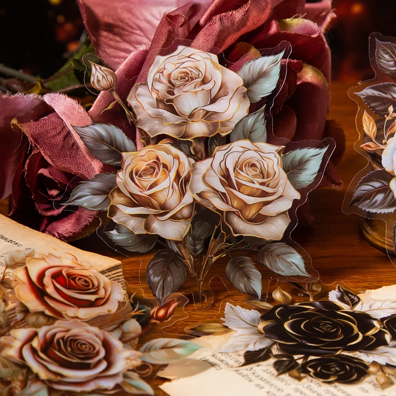 JIANQI 10 Stück/Packung, große Vintage-INS-Rose-Aufkleber, dekorative Stick-Etiketten, Tagebuch, Album, handgefertigtes Scrapbooking-Material Image