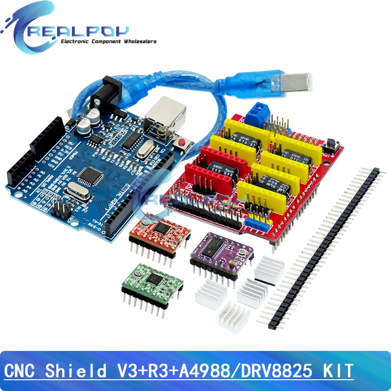 CNC Shield V3 Graviermaschine 3D-Drucker + 4 Stück DRV8825 oder A4988 Treibererweiterungsplatine für Arduino für UNO-R3 mit USB-Kabel Image