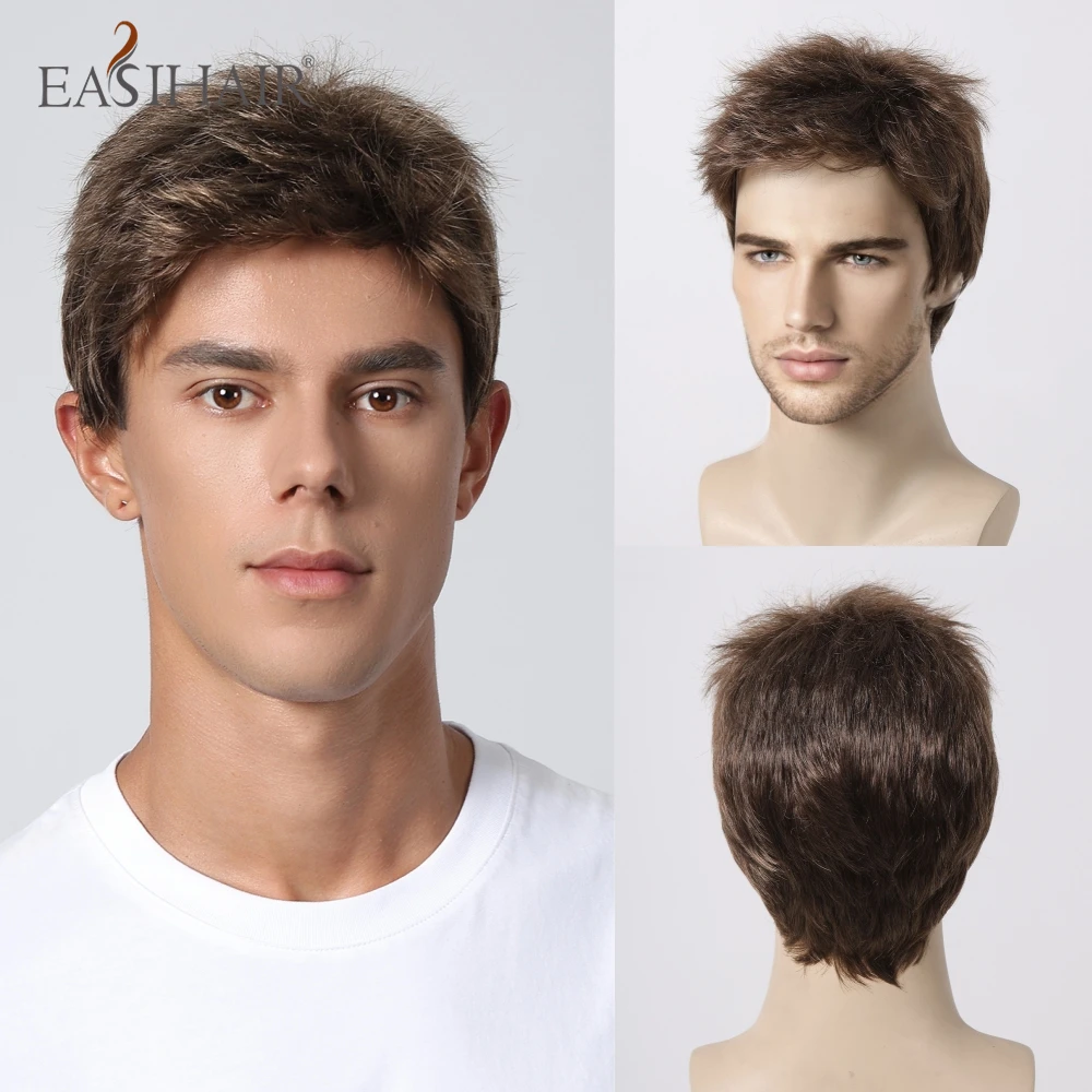Synthetische Männer Perücken kurze Pixie Cut natürliche braune Herren Perücke geschichtet gerade Bob Perücke für tägliche Kostüm Cosplay hitze beständige Perücken Image