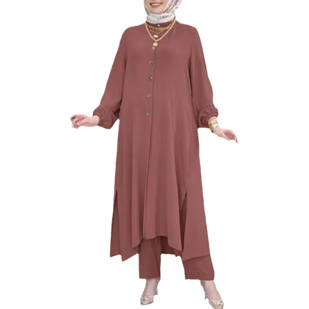 Muslimisches Kleid für Frauen Bluse 2 Stück Set Langarm Abaya Shirt weites Bein Hose Anzüge arabische Dubai Kleider Musulman Ensembles Image