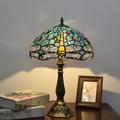Tiffany Lamp Blue Green Stained Glass Vintage Table Lamp 12X12X18 Inches Dragonfly Style Bedside Nightstand Desk Lamp for Living Room Bedroom with 2 LED Bulbs