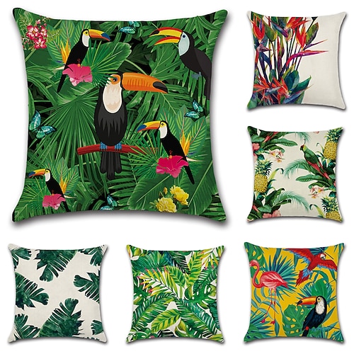 Set mit 6 Kissenbezügen botanische tropische Vögel Dekokissen Outdoor Kissen für Wohnzimmer Sofa Couch Bett Stuhl grün Image