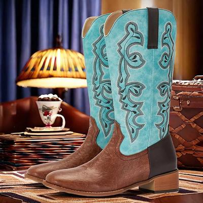 Men's Turquoise and Brown Western Cowboy Boots with Embroidered Design - Stylish and Comfortable Footwear for Rodeo and Everyday Wear