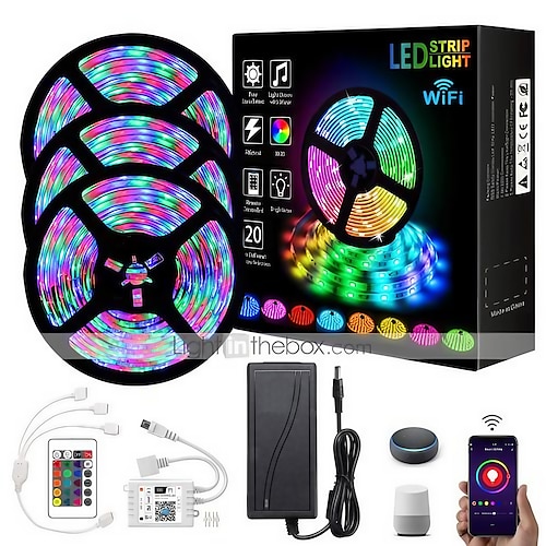 Striscia LED WiFi intelligente 15m 49ft Funziona con Alexa Sincronizzazione musicale Retroilluminazione TV 2835 RGB SMD Controller IR 24 tasti con kit adattatore 12V 3A