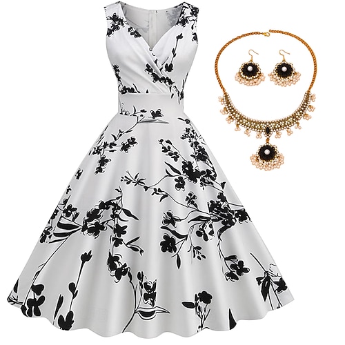 abito vintage floreale in ciliegio abito altalena senza maniche con orecchini collana 4 pezzi anni '50 anni '60 rockbility abito vintage retrò abiti da donna primavera estate costume quotidiano da