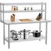 Homhougo- 48 x 24 Inches Stainless Steel Work Table with Double Overshelves NSF Heavy Duty Commercial Food Prep Worktable with Adjustable Shelf & Hooks for Kitchen Prep Work