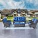 durable Outdoor Patio Wicker Furniture Set - 5 Piece Patio Rattan Sectional Sofa Set with 3-Seat Couch 2 Armchairs 2 Ottoman Footrests for Patio Conversation(5PC Mixed Grey/Blue)