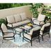 durable VILLA 4 Piece Patio Conversation Sets Outdoor Deluxe Metal Furniture Patio Set with 3 Seater Padded Deep Seating Bench 2 Swivel Cushioned Armrest Sofa Chairs and 1 Good-Looking