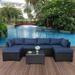 durable Pieces Outdoor PE Wicker Furniture Set Patio Rattan Sectional Conversation Sofa Set with Navy Blue Cushions and Glass Top Table