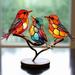 Rungungde Stained Glass Birds On Branch - Double Sided Multicolor Metal Birds Craft Statue Desktop Ornaments Flat Stained Glass Birds Art Sculpture for Home Office Bedroom Decorations