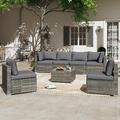 HOME 7-Piece Outdoor Patio Furniture PE Rattan Patio Furniture Set All Weather Sectional Conversation Sets with Cushions Outside Sofa with Tempered Glass Table for Garden (Blue-7PCS)