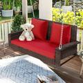 GO 2-Person Wicker Hanging Porch Swing with Chains Cushion Pillow Rattan Swing Bench for Garden Backyard Pond. (Brown Wicker Red Cushion)