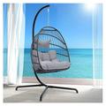 Hanging Egg Chair with Stand Outdoor Swinging Egg Chair with Water Resistant Cushions PE Rattan Wicker Egg Chair Foldable Basket for Indoor Bedroom Patio Garden 350lbs Capacity (Light Grey)