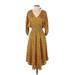 Anthropologie Casual Dress - A-Line V Neck 3/4 sleeves: Yellow Leopard Print Dresses - Women's Size 2X-Small Petite