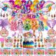 162 Pcs Birthday Party Decorations Party Supplies Ballons Set Include Happy Birthday Banner, Backdrop, Hanging Swirls, Balloons, Nakpins, Plates, Cups, Tablecloth, Straws, Knives, Forks, Spoons