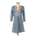 Lucky Brand Casual Dress - A-Line V-Neck 3/4 sleeves: Blue Dresses - Women's Size X-Small