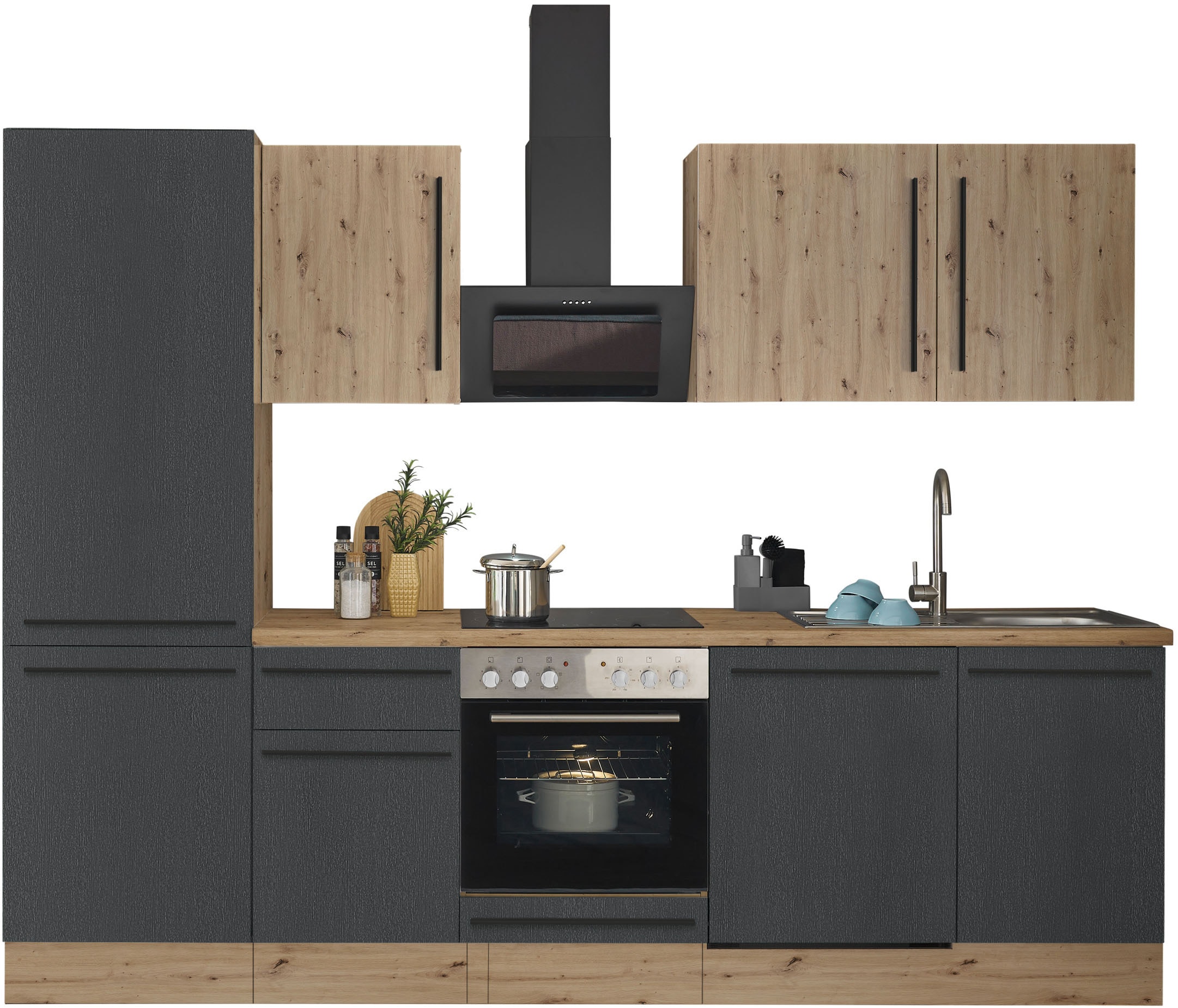 Küchenzeile KOCHSTATION "KS-Florida mit 38mm starker Arbeitsplatte", schwarz (küche: schwarz, front: schwarz, korpus: artisan eichefarben, arbeitsplatte: artisan eichefarben), B:280cm T:60cm, Komplettküchen-Sets, Küchenzeile, Breite 280 cm,...