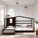 Twin Size House Shaped Platform Bed, Wooden L-Structure 2-Kids Bed Frame with Fence and Slatted Frame for Bedroom, Espresso