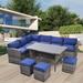 Grey+Blue 7-piece PE Rattan Outdoor Patio Sectional Sofa Set with Dining Table, Ottomans, Backrest Pillows, Removable Cushions