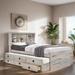 Farmhouse Style Twin/Full Size Bookcase Captain Bed with 3 Drawers and Trundle, Rustic White