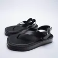 Sommer Damenschuhe schwarz flache Leder Mode Sandalen schnüren dicke Sohlen Knöchel riemen Sandalen