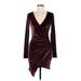 Tiger Mist Casual Dress - Bodycon V Neck Long Sleeve: Burgundy Print Dresses - Women's Size Medium