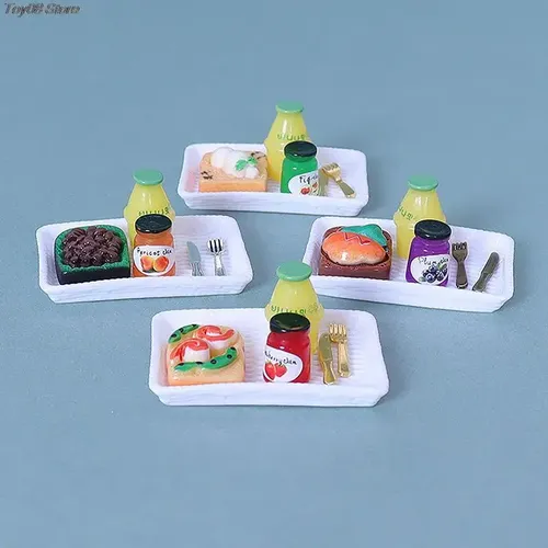 1 Set Puppenhaus Mini Frühstück Set mit Messer gabel und Tablett Puppenhaus Küche Lebensmittel